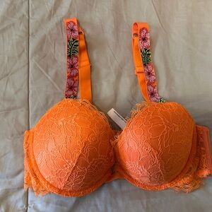 Victoria's Secret Orange Lace Push-Up Bra with Embroidered Straps
